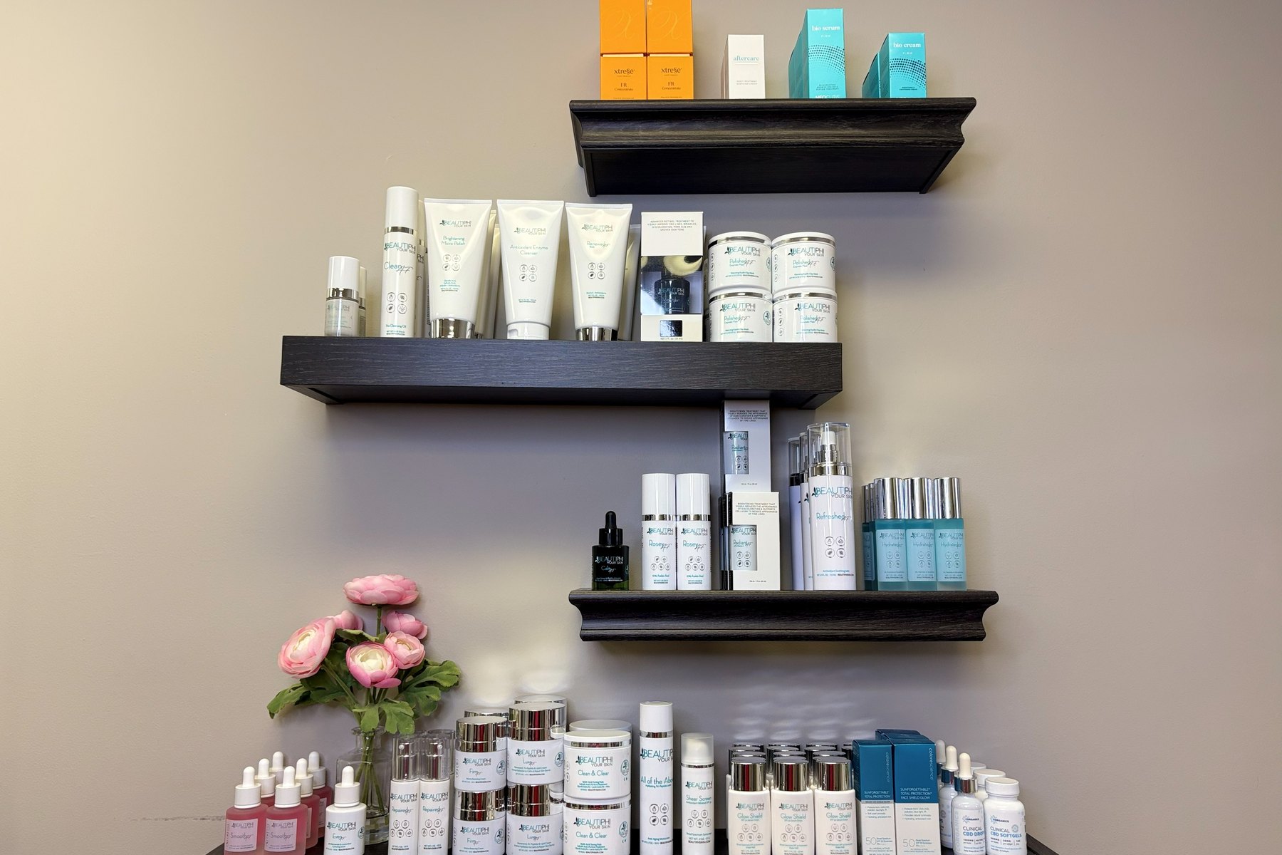 Medical-grade skincare on the shelf at Seymour Beauty Aesthetics